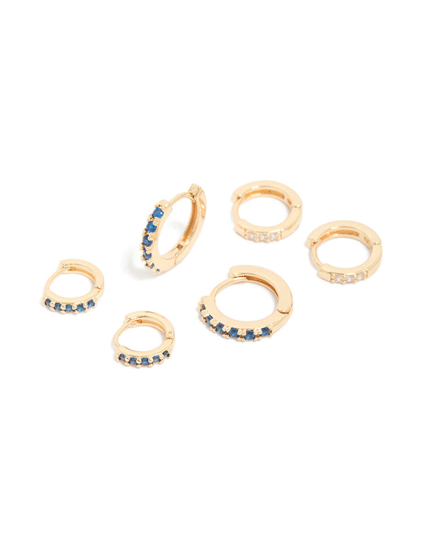 Gold Clear & Sapphire  Cubic Zirconia Huggie Earrings 3-Pack