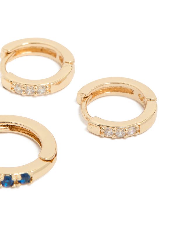 Gold Clear & Sapphire  Cubic Zirconia Huggie Earrings 3-Pack