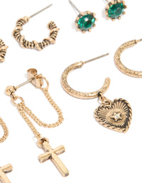 Antique Gold Chain Cross & Heart Earrings 6-Pack - link has visual effect only