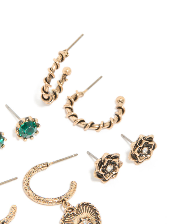 Antique Gold Chain Cross & Heart Earrings 6-Pack