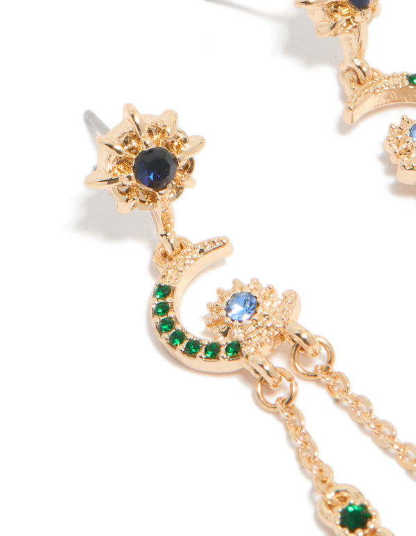 Gold Diamante Star & Moon Chain Drop Earrings