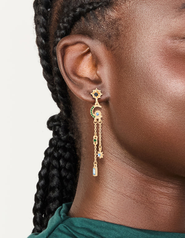 Gold Diamante Star & Moon Chain Drop Earrings