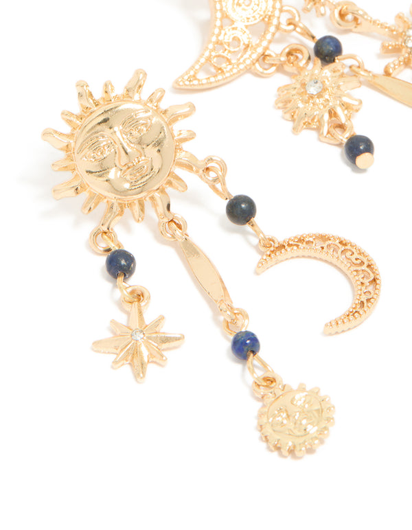 Gold Sun & Moon Semi Precious Stones Drop Earrings