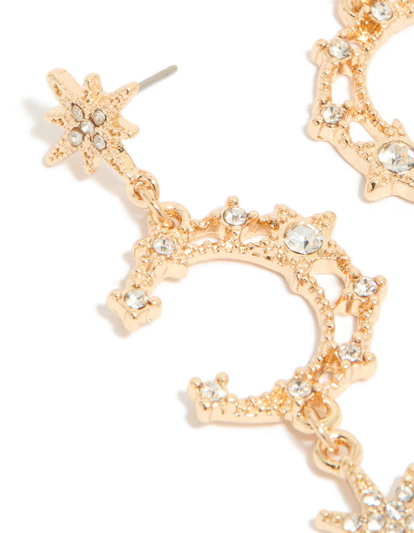 Gold Diamante Moon & Star Celestial Drop Earrings