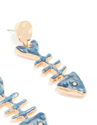 Gold Blue Fish Skeleton Drop Earrings - link has visual effect only