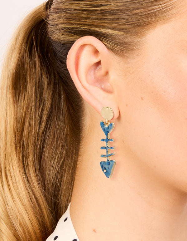 Gold Blue Fish Skeleton Drop Earrings