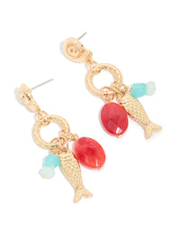 Gold Red Beaded & Fish Charm Drop Earrings - link has visual effect only