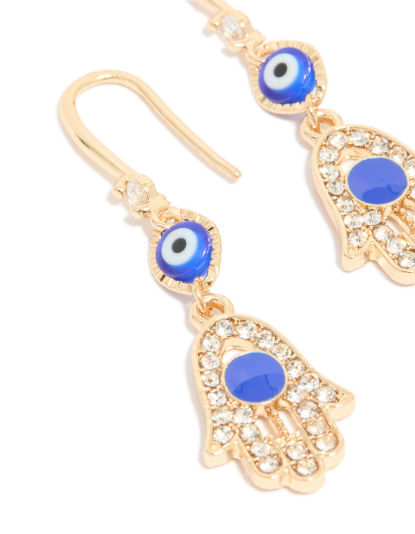 Gold Cubic Zirconia Evil Eye & Hamsa Hand Drop Earrings
