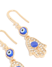 Gold Cubic Zirconia Evil Eye & Hamsa Hand Drop Earrings - link has visual effect only