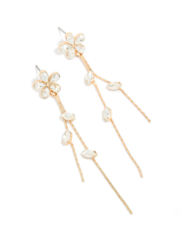 Gold Diamante Flower Chain Drop Earrings