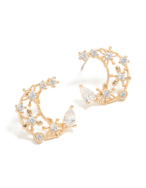 Gold Cubic Zirconia Celestial Moon Stud Earrings