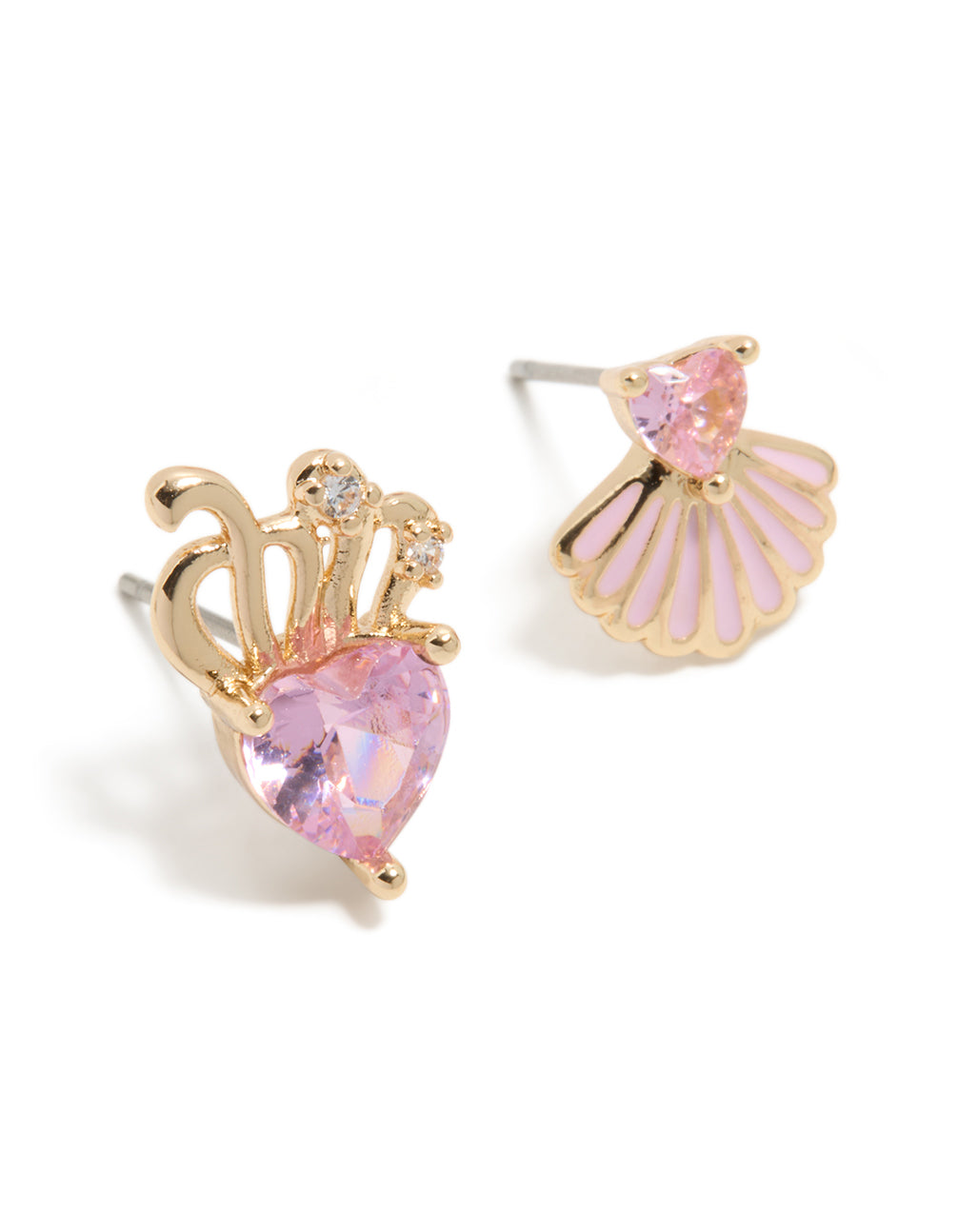 Showcasing gold link pink cubic zirconia heart and shell stud earrings featuring ocean with enamel in lavender front view