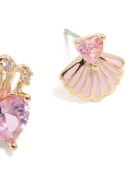 Gold Link Pink Cubic Zirconia Heart & Shell Stud Earrings - link has visual effect only
