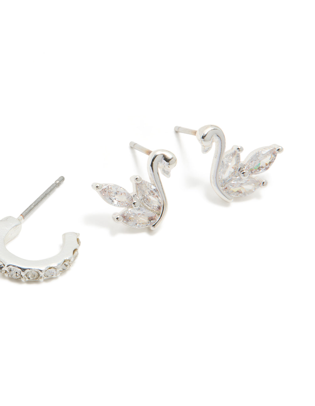 Elegantly designed Silver Swan Stud and Classic Stud Earrings in a 3-Pack featuring bird and animal details with cubic zirconia and crystal elements in a post detail view