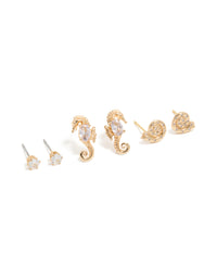 Gold Diamante & Seahorse Stud Earrings 3-Pack - link has visual effect only