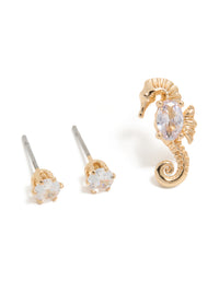 Gold Diamante & Seahorse Stud Earrings 3-Pack - link has visual effect only