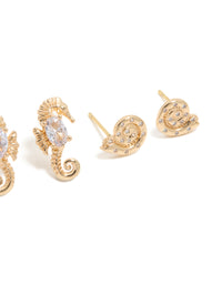 Gold Diamante & Seahorse Stud Earrings 3-Pack - link has visual effect only