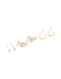 Gold Cubic Zirconia Flower Stud & Hoop Earrings 3-Pack - link has visual effect only