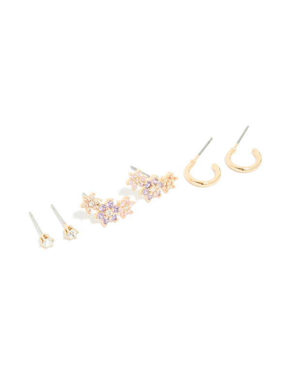 Gold Cubic Zirconia Flower Stud & Hoop Earrings 3-Pack