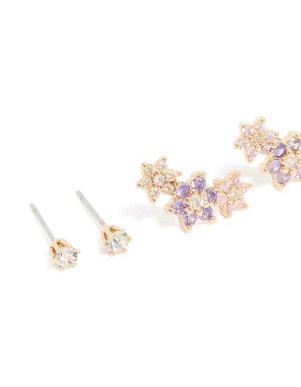 Gold Cubic Zirconia Flower Stud & Hoop Earrings 3-Pack
