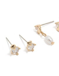 Gold Cubic Zirconia & Pearl Stud Earrings 3-Pack - link has visual effect only