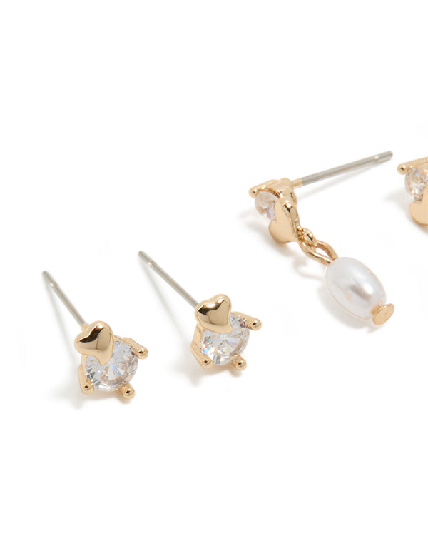 Gold Cubic Zirconia & Pearl Stud Earrings 3-Pack