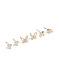 Gold Cubic Zirconia Butterfly & Heart Stud Earrings 3-Pack - link has visual effect only