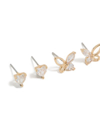 Gold Cubic Zirconia Butterfly & Heart Stud Earrings 3-Pack - link has visual effect only