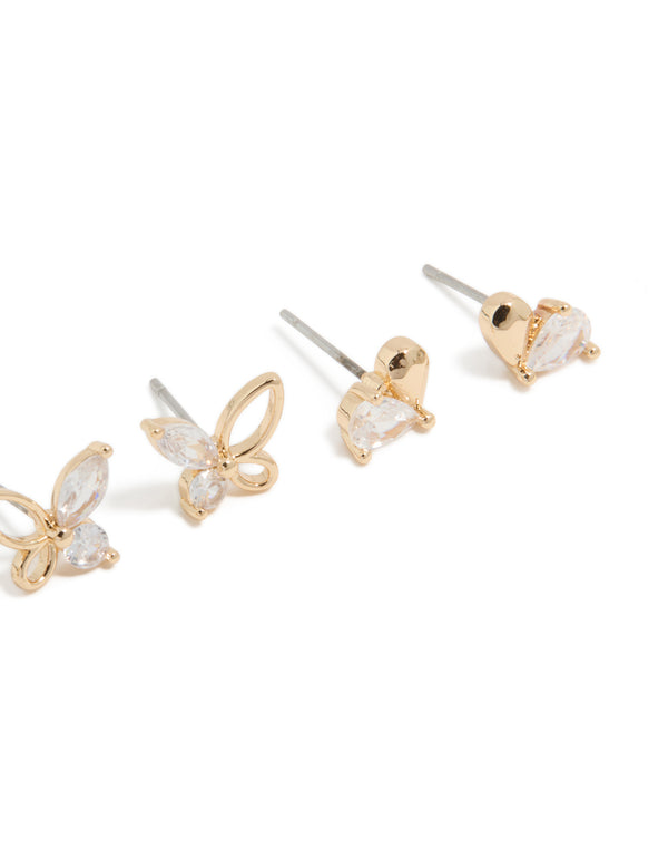 Gold Cubic Zirconia Butterfly & Heart Stud Earrings 3-Pack