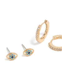 Gold Cubic Zirconia Evil Eye & Cross Earrings 3-Pack - link has visual effect only