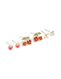 Gold Strawberry & Cherries Earrings 3-Pack - link has visual effect only