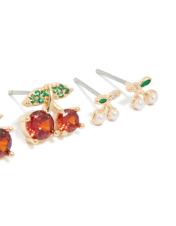 Gold Strawberry & Cherries Earrings 3-Pack