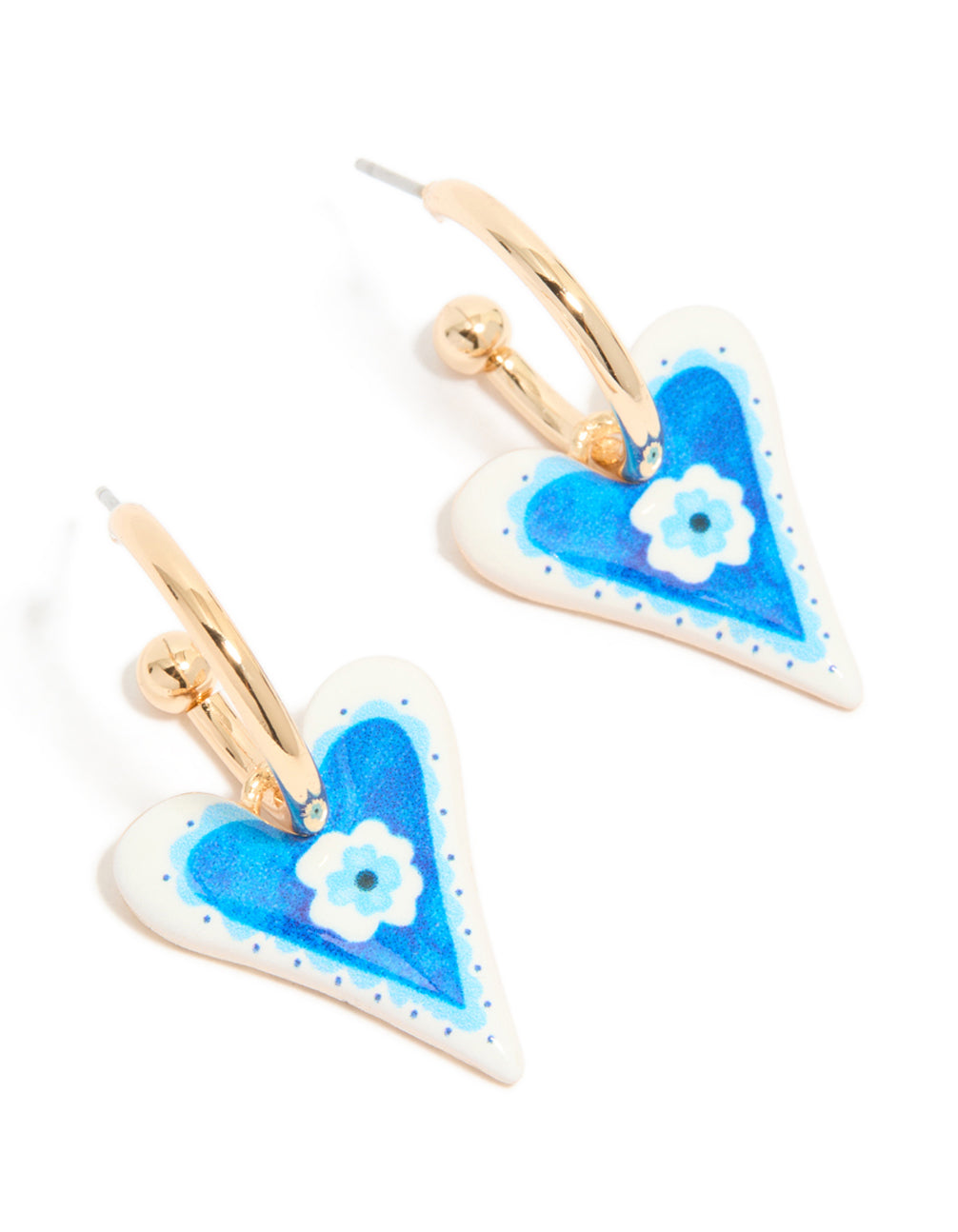 Crafted with gold blue heart huggie earrings featuring a flower inside and floral pattern front view