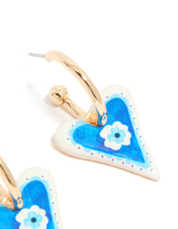 Gold Blue Heart With A Flower Inside Huggie Earrings - link has visual effect only