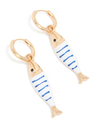 Gold White & Blue Striped Fish Huggie Earrings - link has visual effect only