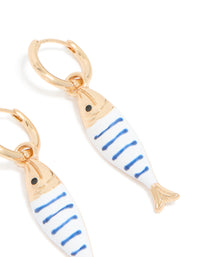 Gold White & Blue Striped Fish Huggie Earrings - link has visual effect only