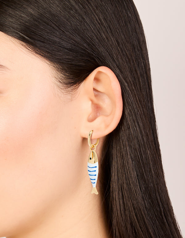 Gold White & Blue Striped Fish Huggie Earrings