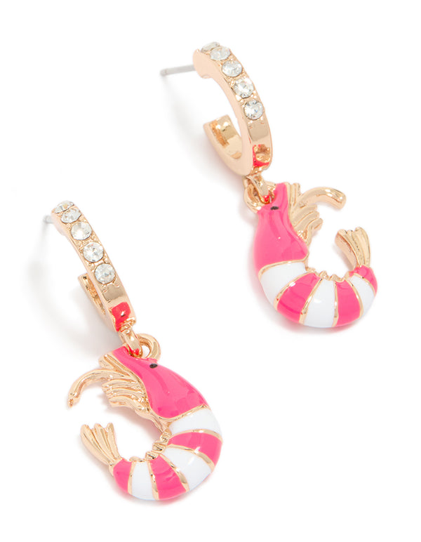 Featuring gold diamante shrimp open huggie earrings in hot pink and white ocean-inspired design front view