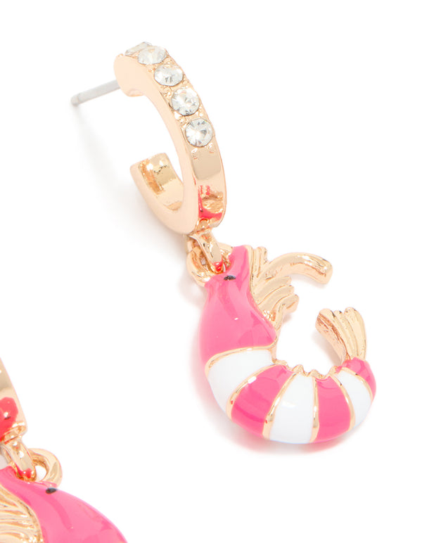 Highlighting gold diamante shrimp open huggie earrings featuring hot pink and white ocean-inspired design post detail view