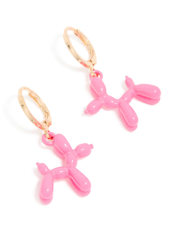 Discover animal hoop earrings featuring balloon dog design in pink and gold front view
