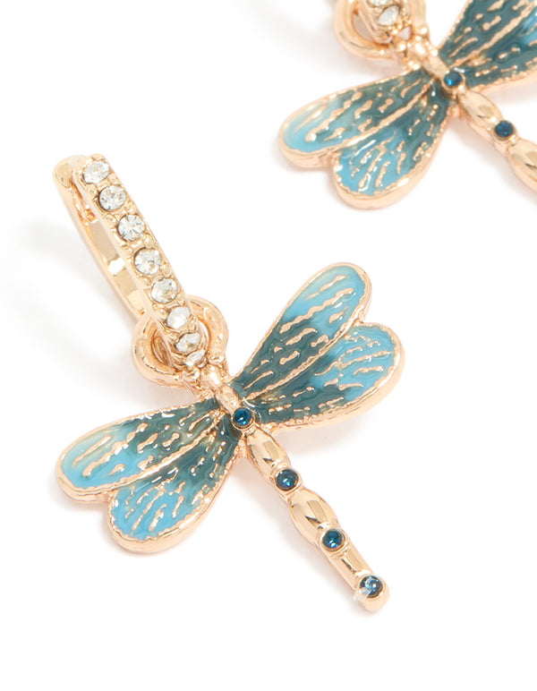 Gold Diamante Dragonfly Huggie Earrings