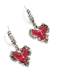 Silver Gothic Red Heart Charm Huggie Earrings - link has visual effect only