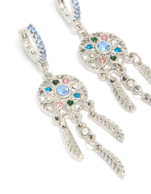 Silver Diamante Dreamcatcher Huggie Earrings