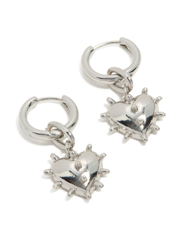 Silver Heart Spike Huggie Earrings