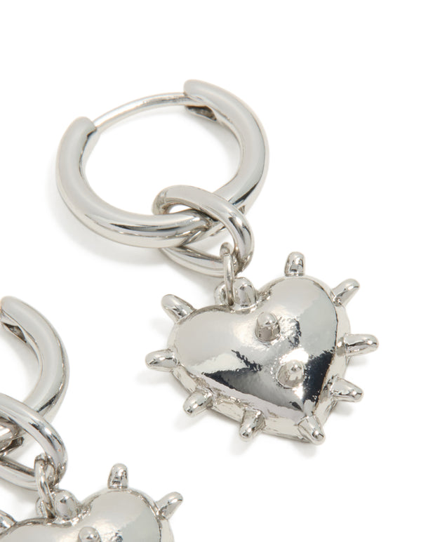 Silver Heart Spike Huggie Earrings