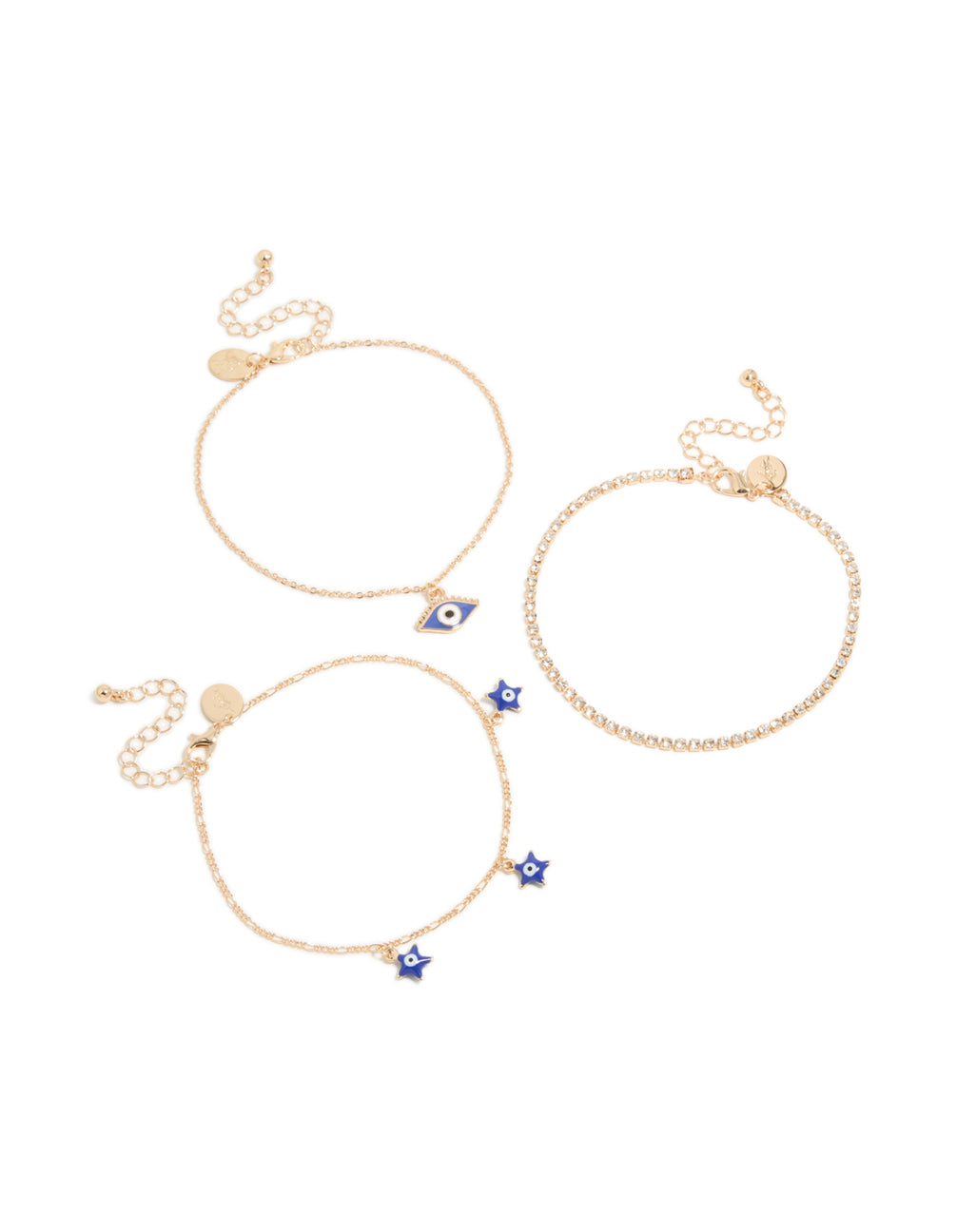 Showcasing gold evil eye tennis and chain anklets 3-pack featuring celestial star charms with cubic zirconia front view