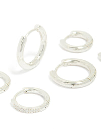 Presenting waterproof stainless steel cubic zirconia essential stacking huggie earrings in a 3-pack with crystal, hoop closure and silver finish front view - link has visual effect only