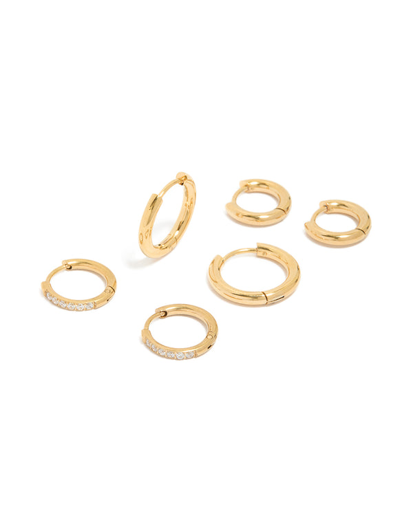Waterproof Gold Plated Stainless Steel Cubic Zirconia Essential Stacking Huggie Earrings 3-Pack