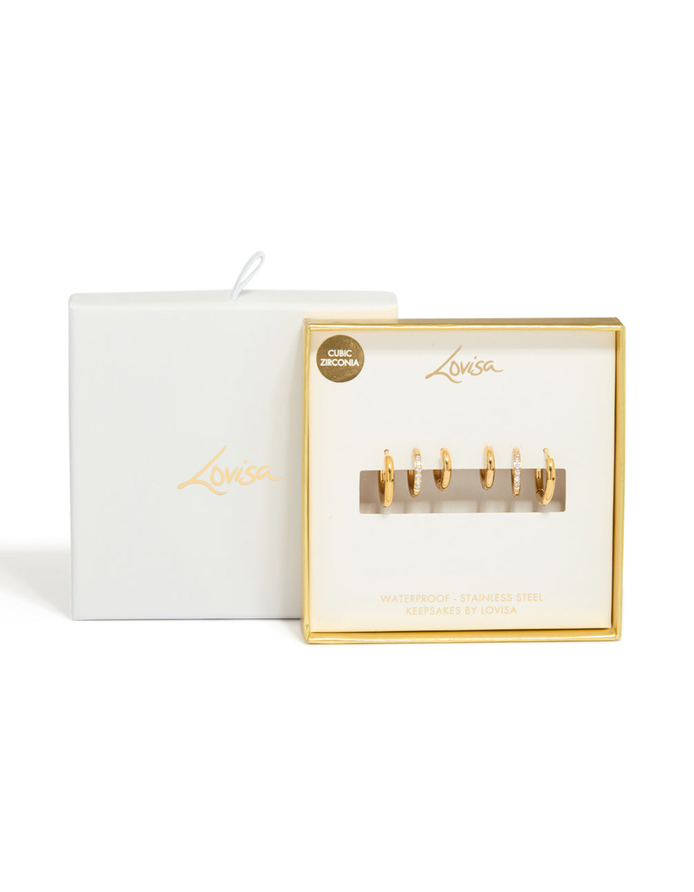 Displaying waterproof gold plated stainless steel cubic zirconia essential stacking huggie earrings in a 3-pack with crystal accents and closure front view