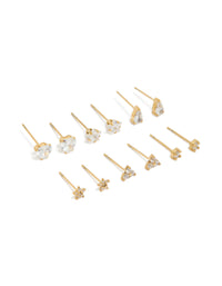 Waterproof Gold Plated Stainless Steel Cubic Zirconia Stud Earrings 6-Pack - link has visual effect only
